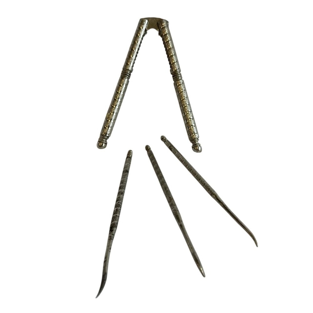 Vintage Silver Tone Nut Cracker Set with Picks Ornate‎ Engraved Design